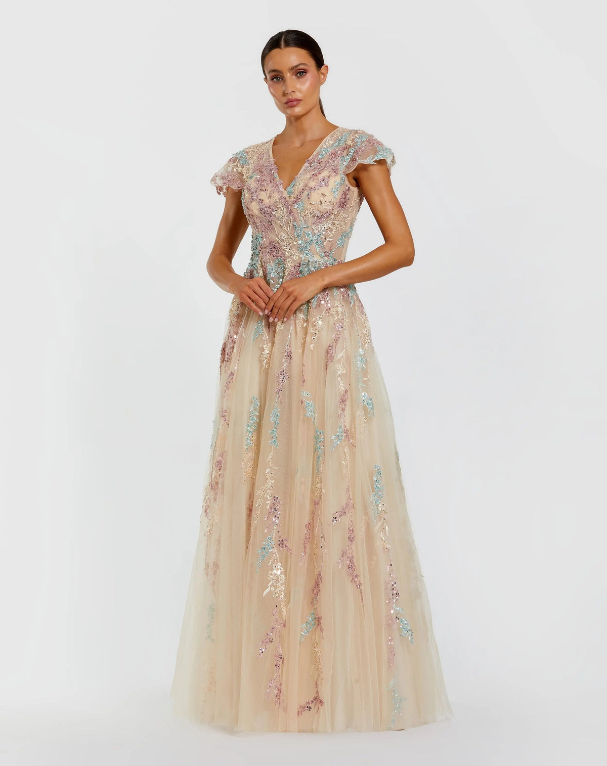 Beige Embroidered Tulle V-Neck Gown