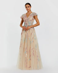 Beige Embroidered Tulle V-Neck Gown