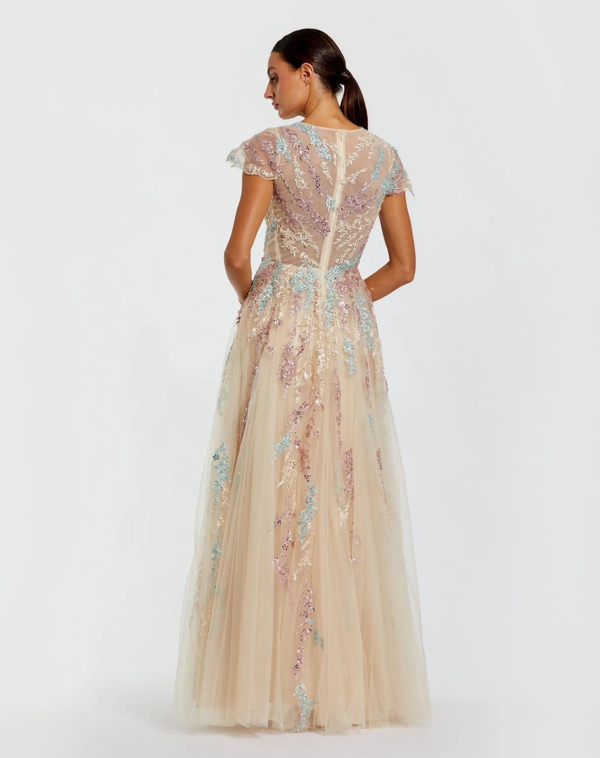 Beige Embroidered Tulle V-Neck Gown