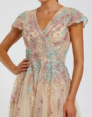 Beige Embroidered Tulle V-Neck Gown