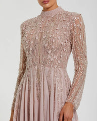 Light Purple Embellished Long Sleeve Gown with Slit