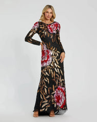 Black Embellished Floral Long Sleeve Backless Gown