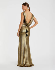 Gold Metallic Jersey Cowl Back Column Gown