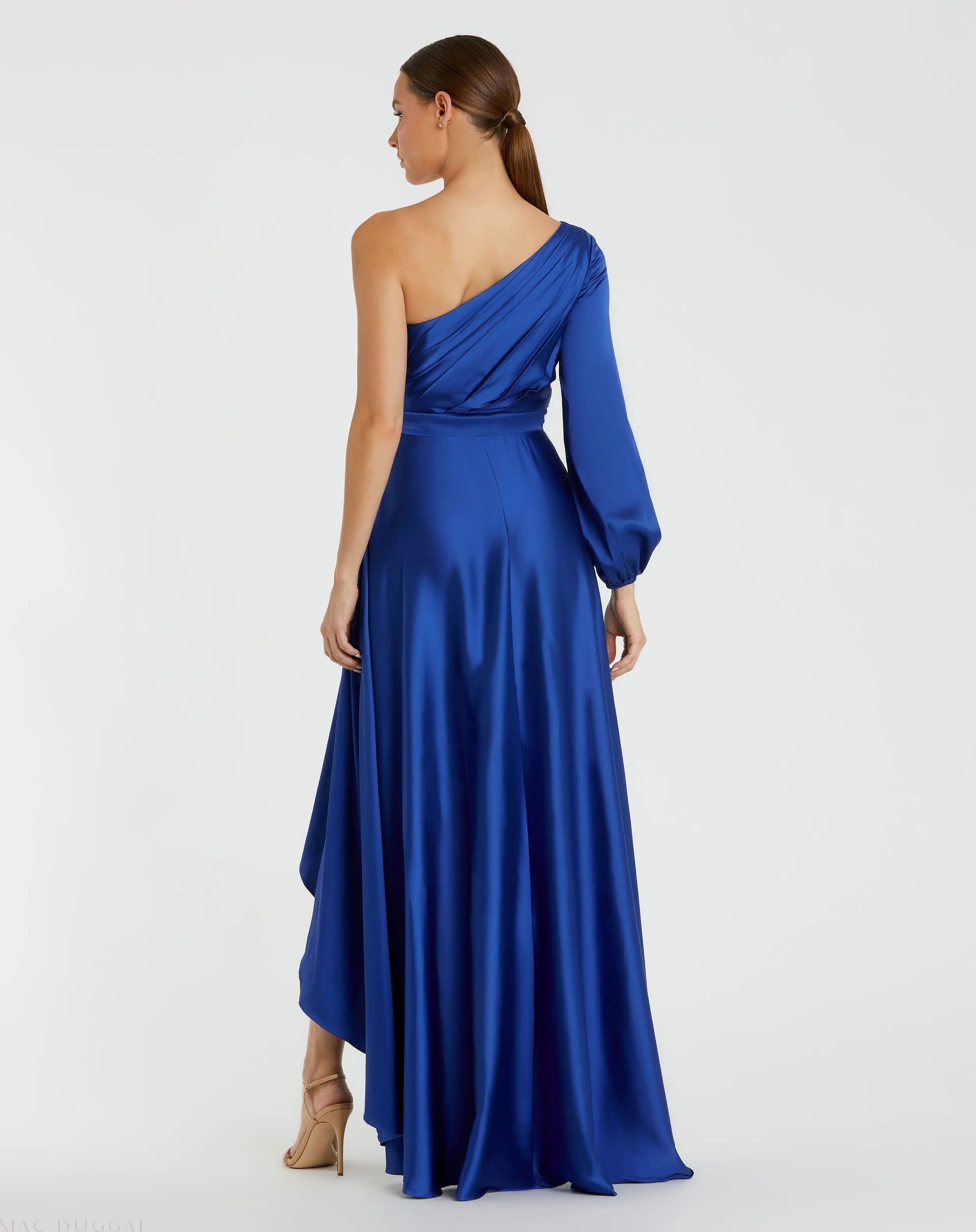 Dark Blue Long Sleeve One Shoulder Satin High Low A-line Gown - FINAL SALE
