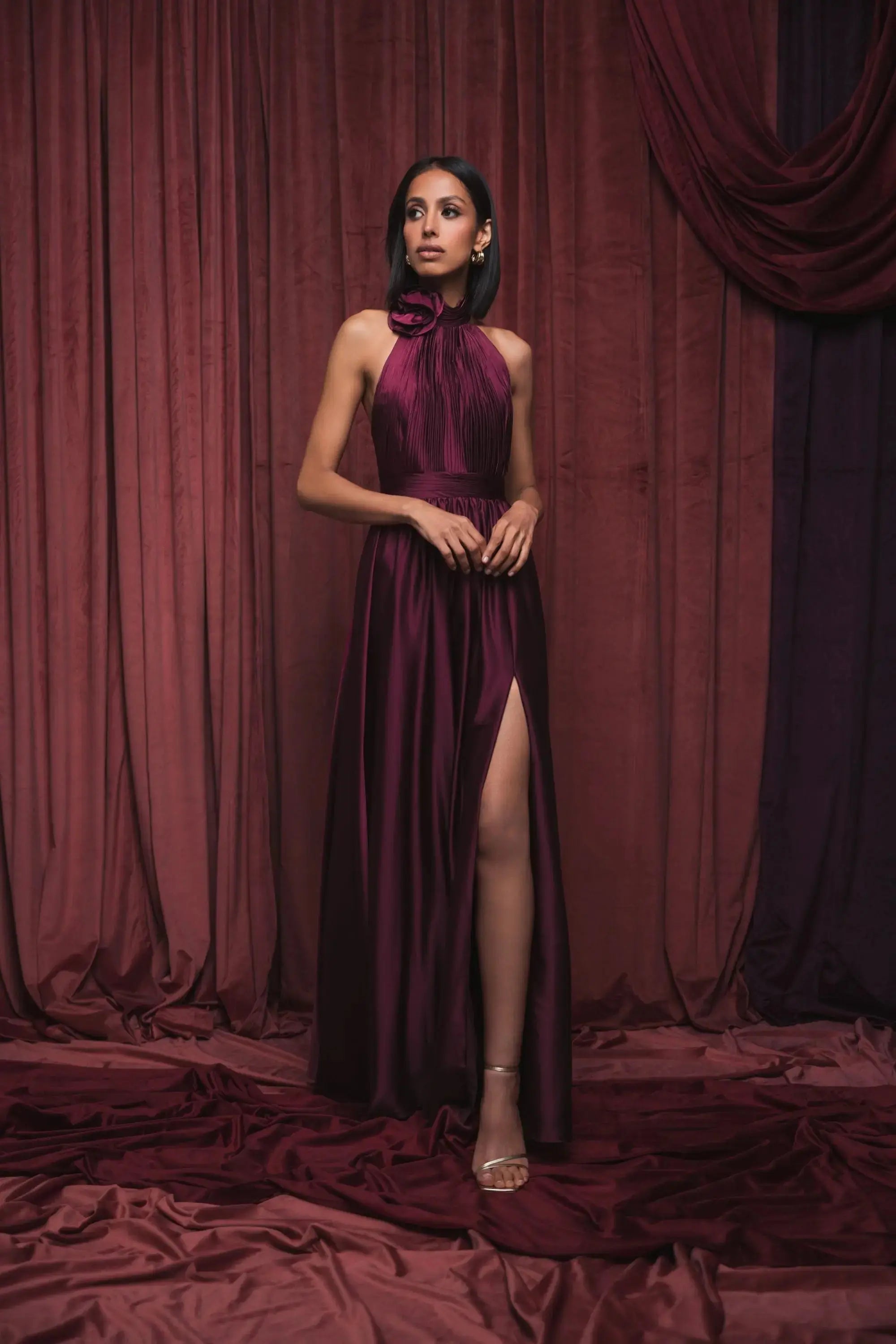 Purple Halter Neck Open Back Satin Gown With Slit