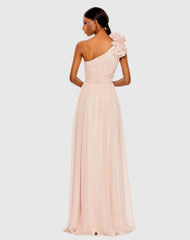 Pink One Shoulder Polka Dot Chiffon Gown With Ruffle Detail
