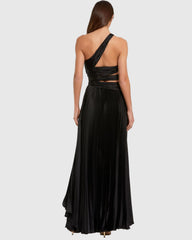 Black One Shoulder Pleated Charmeuse Gown with Slit