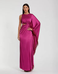 Purple Charmeuse Kaftan Sleeve Gown With Fringe Detail