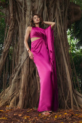 Purple Charmeuse Kaftan Sleeve Gown With Fringe Detail