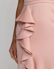 Pink Sleeveless Ruffled V-Neck Gown With Bow