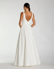 White Sleeveless Plunge Neck Ball Gown With Bow Detail
