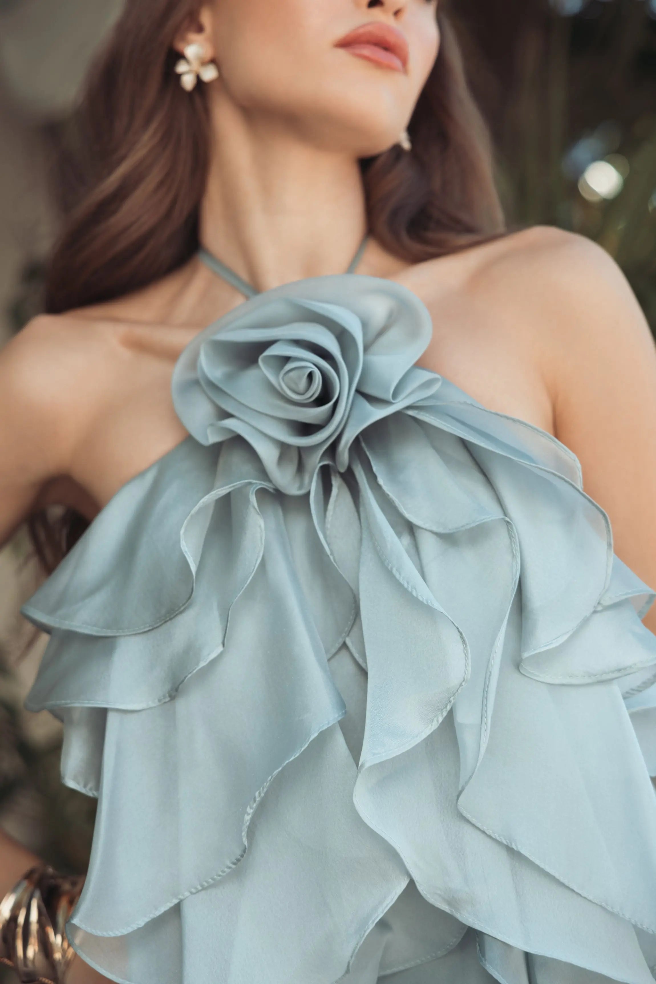 Blue Halter Neck Open Back Trapeze Ruffle Gown