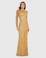 Gold  Long Sleeve Beaded Evening Gown