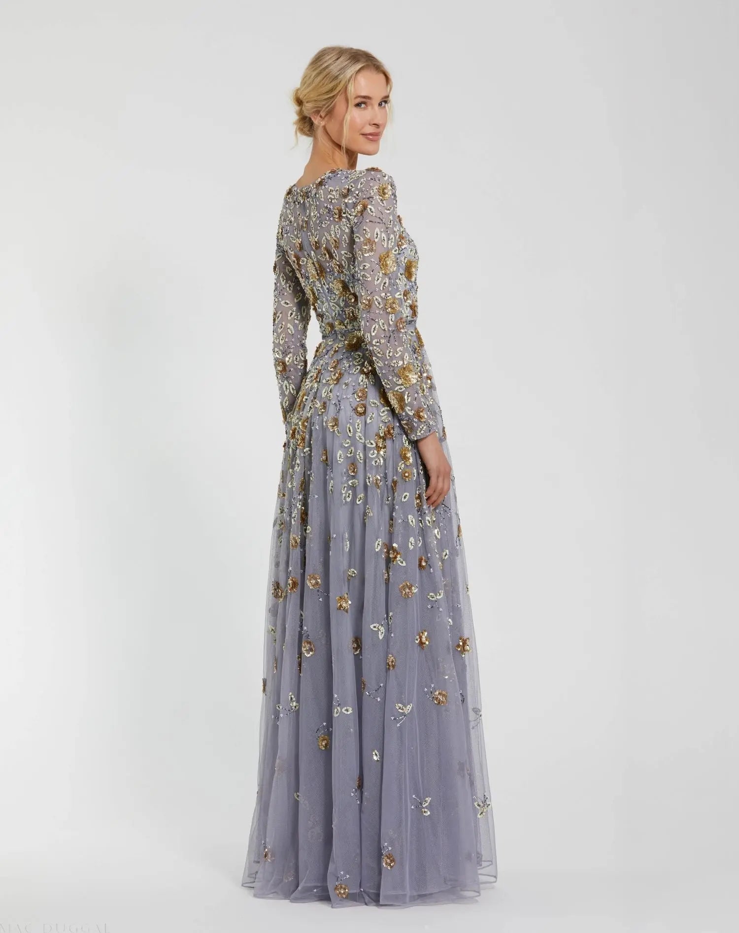 Platinum Embellished High Neck Long Sleeve A Line Gown