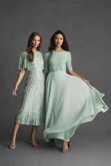 Green Flounce Sleeve Midi Dress