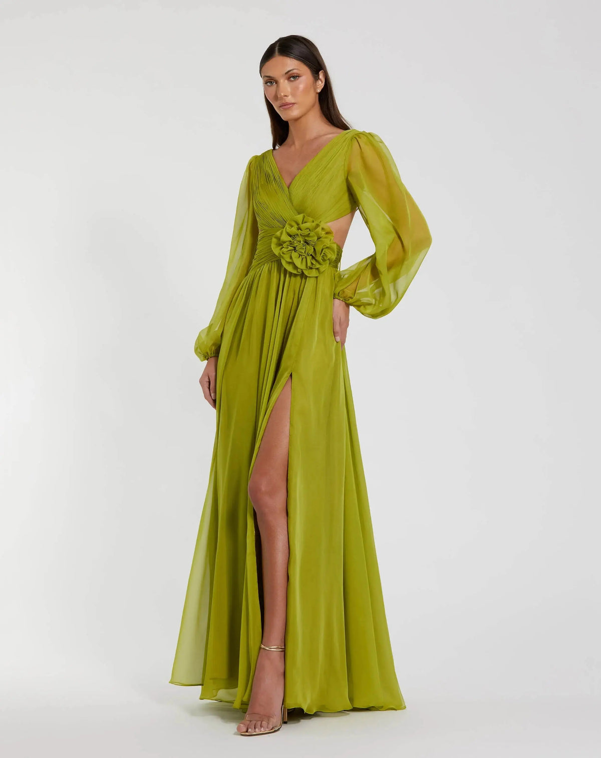 Green Long Sleeve V-Neck Chiffon Gown With 3D Flower