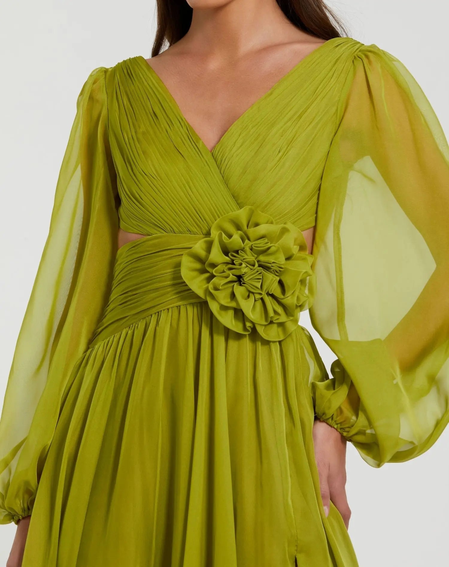 Green Long Sleeve V-Neck Chiffon Gown With 3D Flower