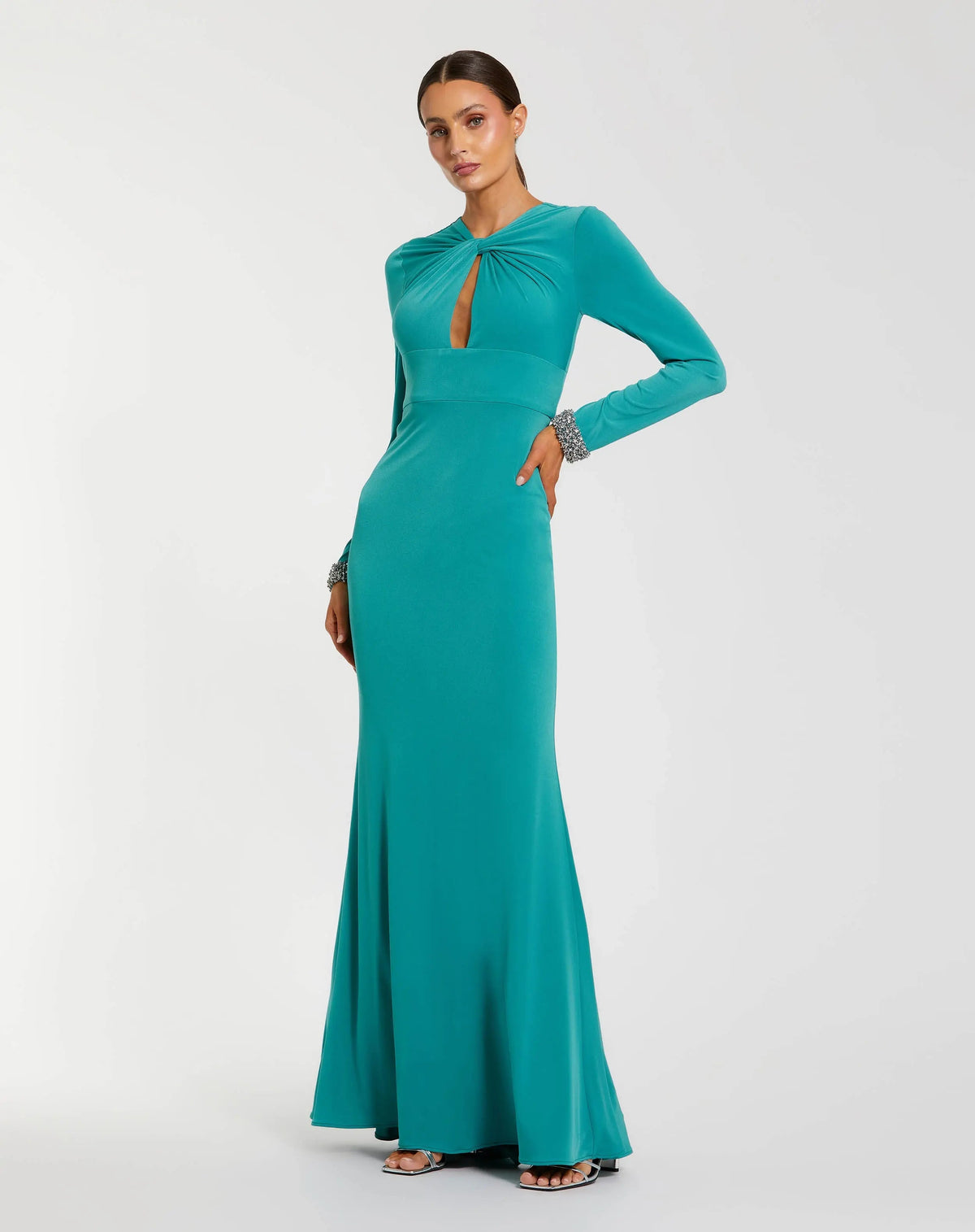 Teal Long Sleeve Twist Neck Jersey Gown With Embellished Cuffs