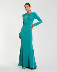 Teal Long Sleeve Twist Neck Jersey Gown With Embellished Cuffs