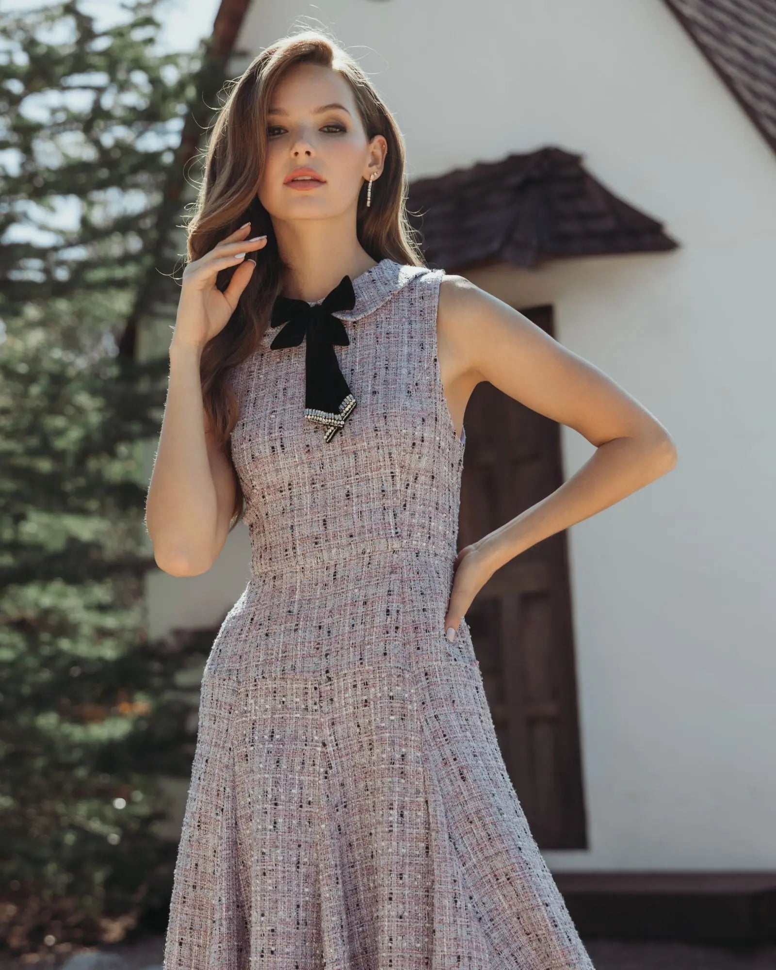 Purple Sleeveless Boucle A-Line Midi Dress With Bow