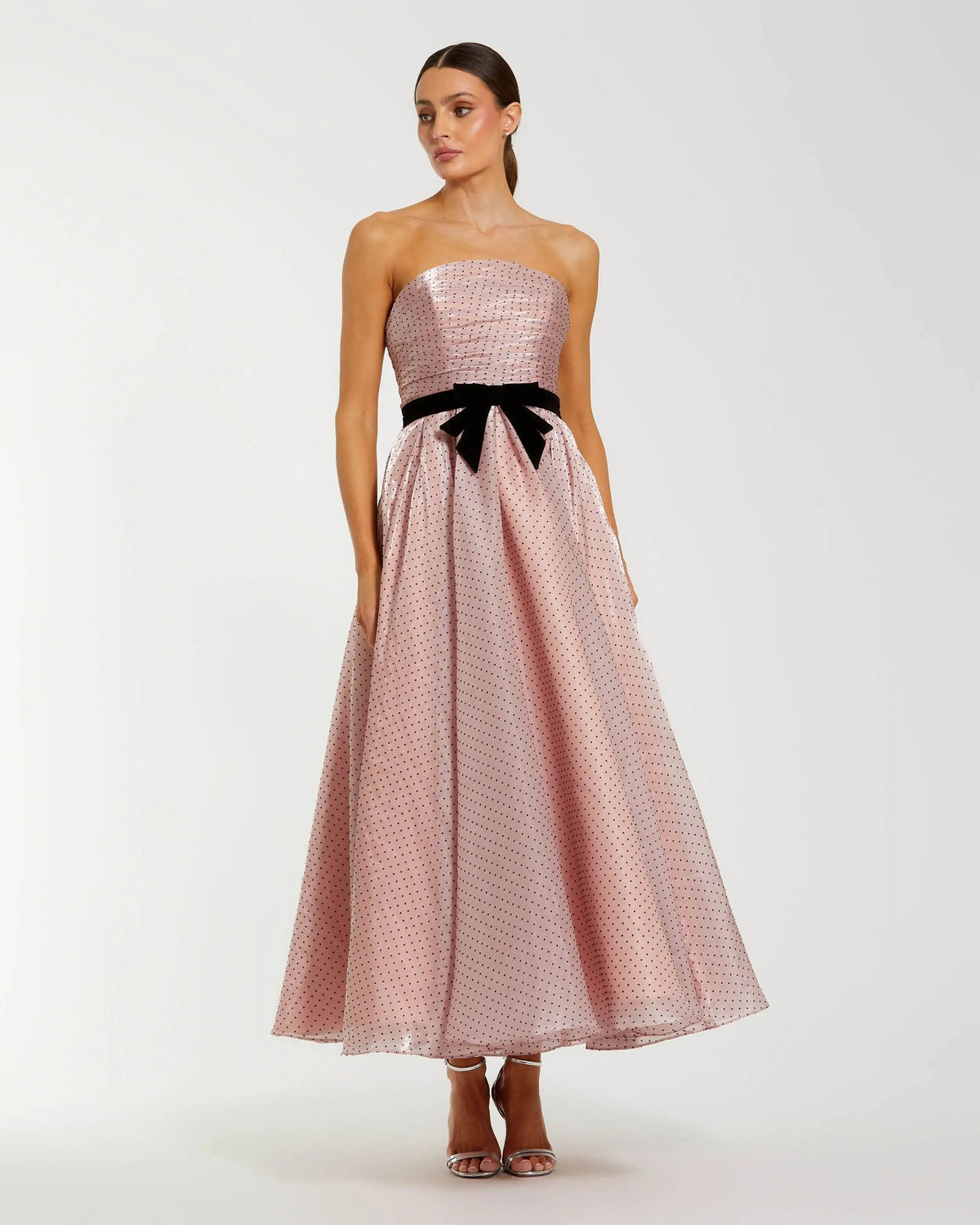Pink Polka Dot Organza Strapless Midi Dress With Velvet Bow
