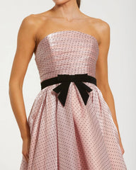 Pink Polka Dot Organza Strapless Midi Dress With Velvet Bow