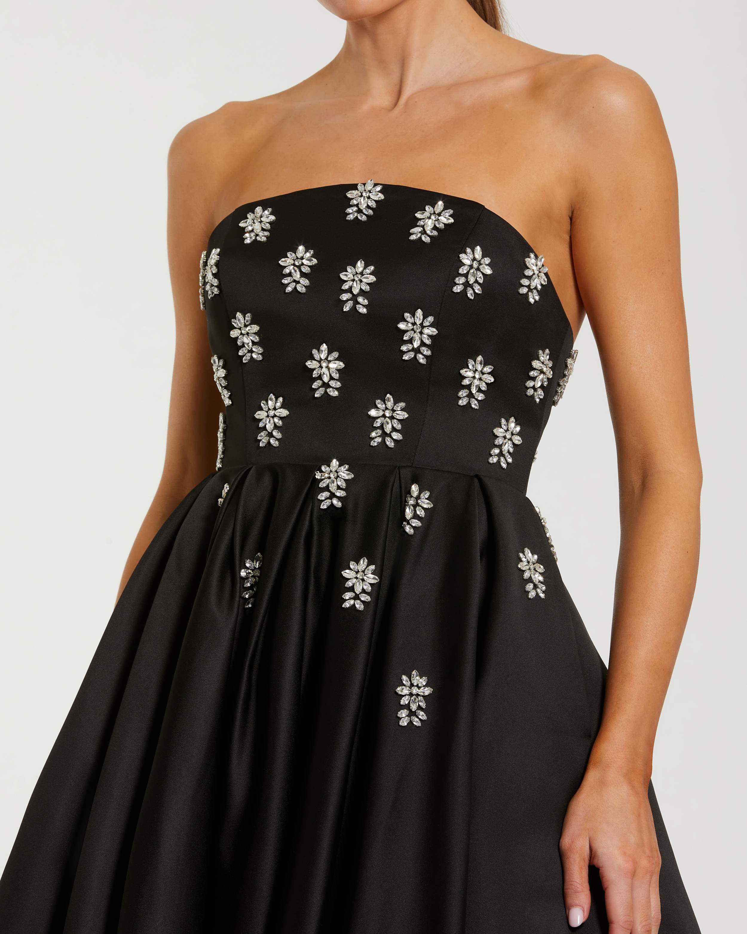 Black Strapless Crystal Embellished Satin A-Line Dress