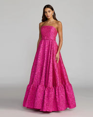 Pink Strapless Floral Brocade Ball Gown With Belt