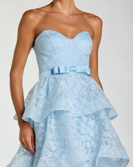 Blue Strapless Floral Organza Tiered Gown with Bow