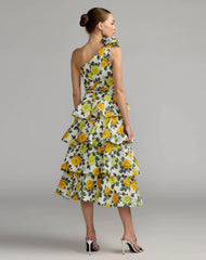 Yellow One Shoulder Floral Tiered Midi Dress