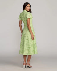 Green Embroidered Lace Belted Midi Dress