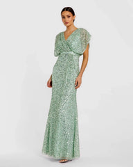 Green Sequin Draped Sleeve V-Neck Gown