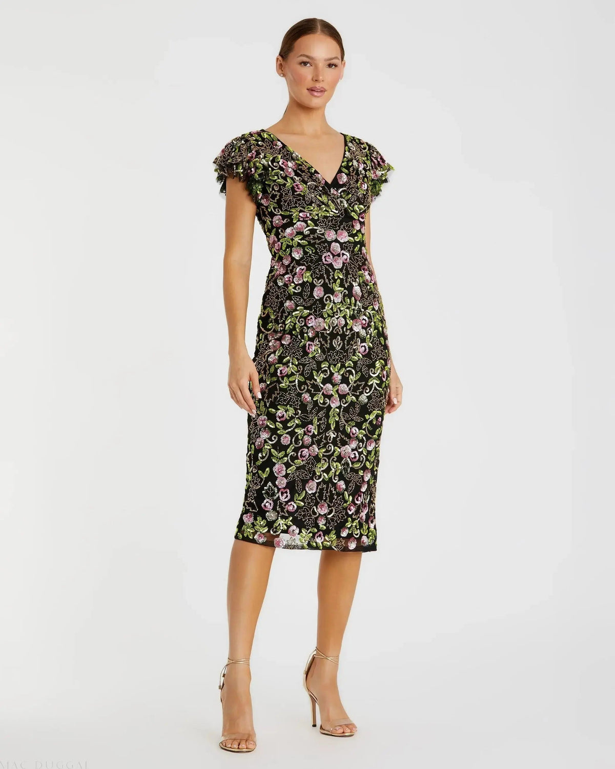 Black Floral Embellished Flutter Cap Sleeve Dress