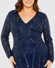 Navy Long Sleeve Embellished Dress (Plus) - FINAL SALE