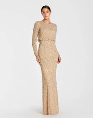 Beige Long Sleeve Beaded Blouson Gown