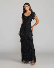 Black Cap Sleeve Beaded Fringe Column Gown