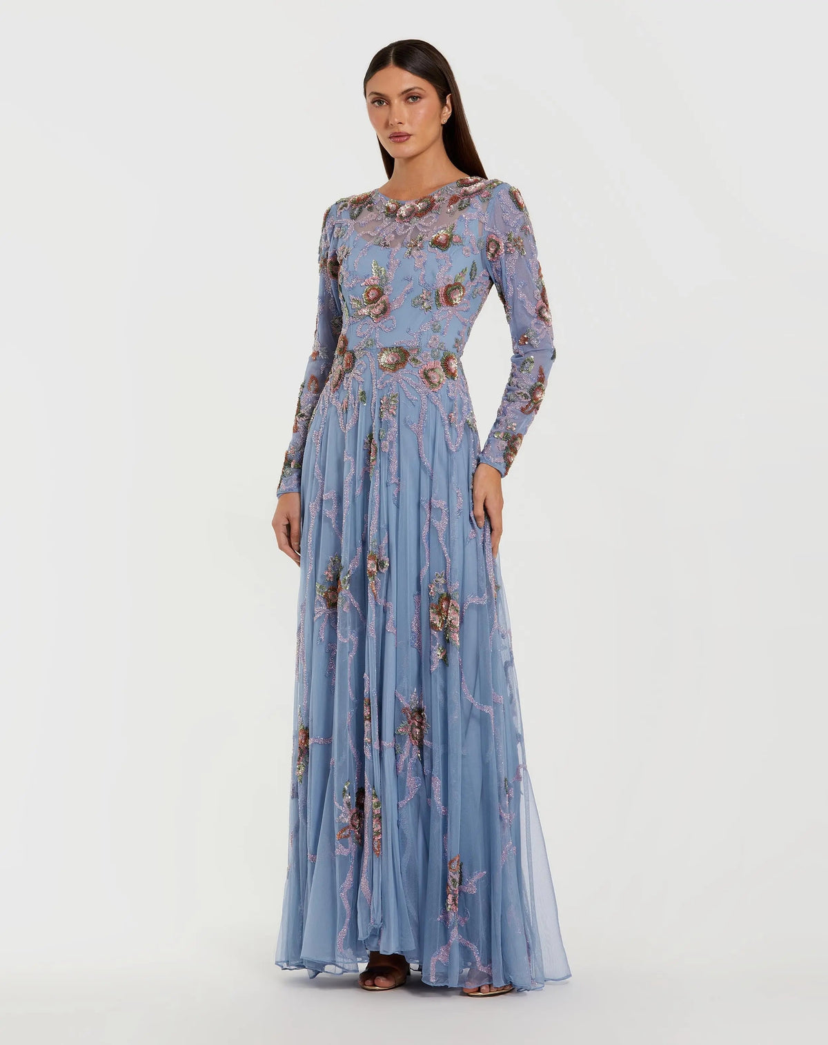 Blue Long Sleeve Floral Beaded Gown