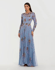 Blue Long Sleeve Floral Beaded Gown