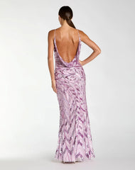 Purple Sleeveless Cowl Back Embellished Gown