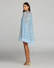 Blue Beaded Lace Cape Sleeve Mini Dress