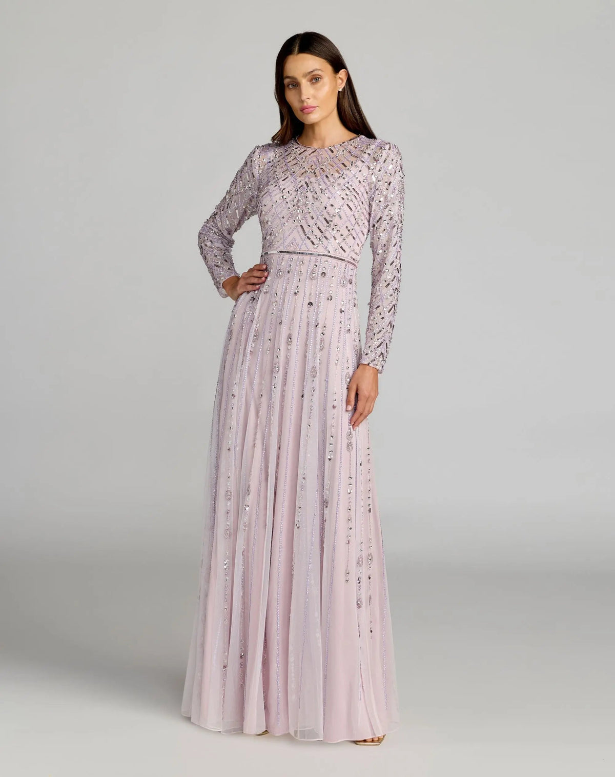 Purple Hand Embellished Long Sleeve A-Line Gown