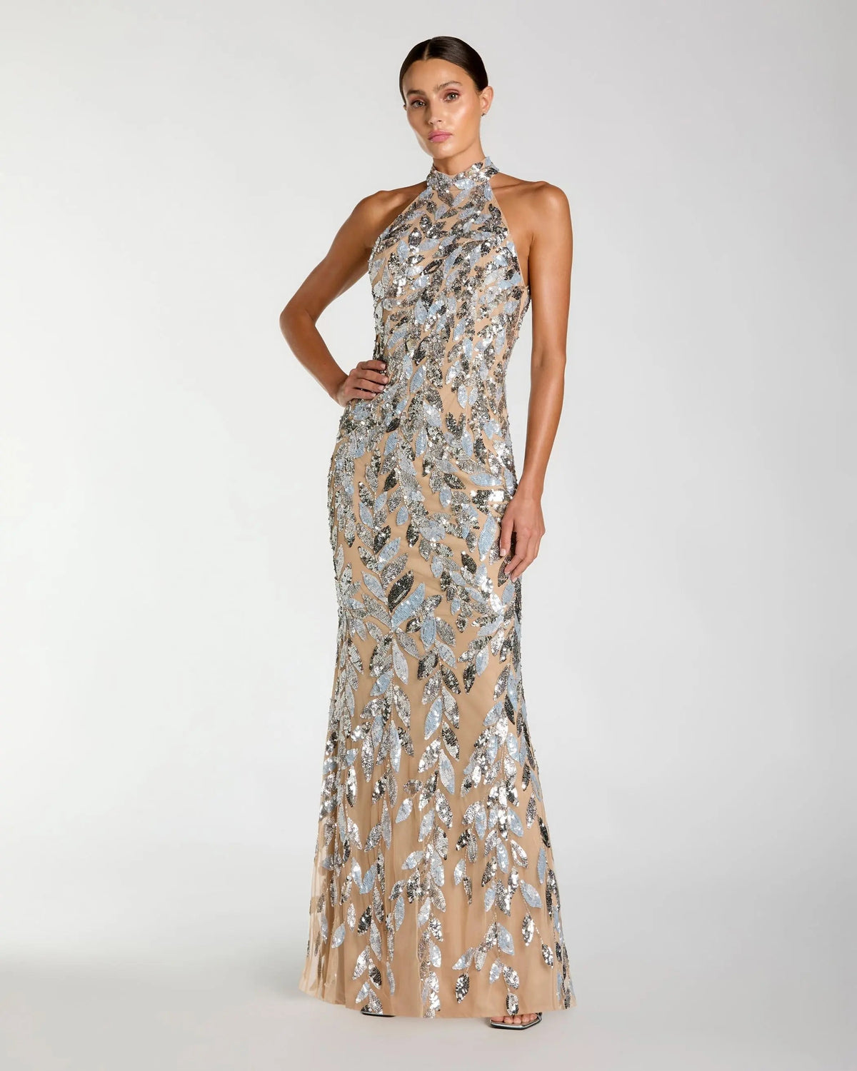 Silver Sequin Halter Backless Column Gown
