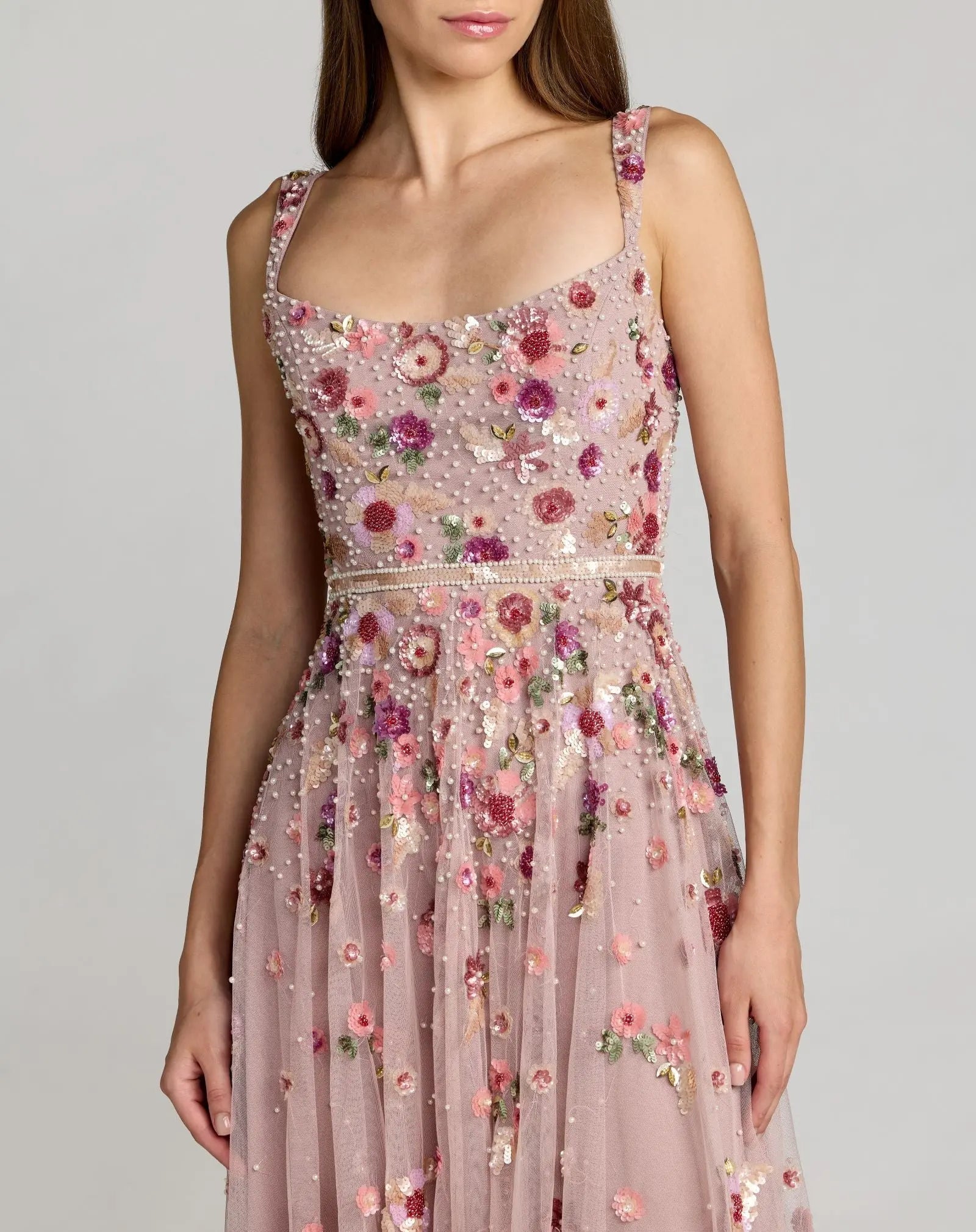 Rose Pink Floral Hand Embellished Scoop Neck Midi Dress