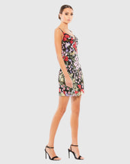 Black Floral Embroidered Lace-Up Mini Dress
