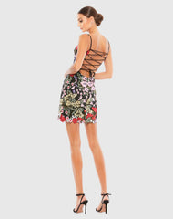 Black Floral Embroidered Lace-Up Mini Dress