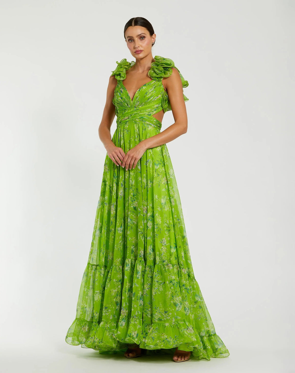 Green Ruffle Tiered Floral Cut-Out Chiffon Gown