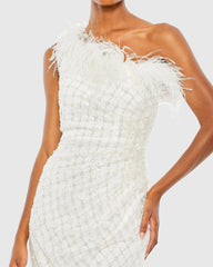White Embellished One Shoulder Gown w/ Ostrich Feathers - FINAL SALE