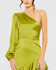 Green Charmeuse One Sleeve Ruffled Asymmetrical Gown - FINAL SALE