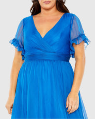 Blue Chiffon Flutter Sleeve A-line Dress (Plus) - FINAL SALE