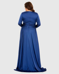 Blue Long Sleeve V Neck A Line Gown - FINAL SALE